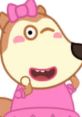 Lucy Wolf, a cheerful cartoon character in a pink dress with a bow, winks happily, showcasing her playful nature.
