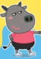 Bufo from Wolfoo strikes a confident pose, wearing a pink shirt and black shorts against a colorful background.