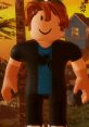 Roblox character with a smiling face, wearing a black jacket over a blue shirt, set against a colorful sunset background.