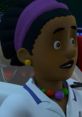 Animated character with a purple headband, colorful necklace, and surprised expression in a futuristic setting.