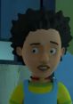 Mandy Flood character with curly hair and bright clothing, expressing curiosity in a colorful animated setting.