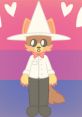 Pizzy Fizzy character in a stylish outfit with a large hat and bow tie, set against a colorful heart-themed background.