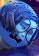 Sadness from Inside Out (2015) with blue hair and glasses, expressing deep emotion in a colorful setting.