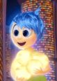Joy from Inside Out (2015) radiates happiness with her bright blue hair and beaming smile against a colorful backdrop.