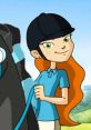 Zoey Stilton in an equestrian outfit, holding a horse's reins, ready for an adventure in Horseland's scenic landscape.