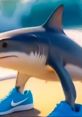 Cool shark wearing blue Nike shoes on a beach, embodying a playful and trendy vibe for Sde And I.