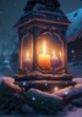 Warm candlelight glowing in a lantern amidst a snowy landscape, creating a cozy winter atmosphere.