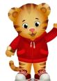 Daniel Tiger Jr. in a red hoodie and sneakers, waving happily, embodying friendship and playful adventures for kids.