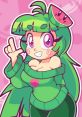 Vannamelon character with green hair and watermelon-themed outfit, smiling joyfully against a pink background.