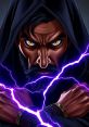 Apep radiates power, with intense gaze and swirling lightning, embodying calm amidst chaos in a dramatic dark setting.