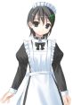 Kaede Hanari in a cute maid outfit featuring a black and white dress with a frilly apron and a playful expression.