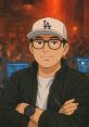 Stylish animated character wearing an LA cap and glasses, standing confidently in a vibrant tech crowd, perfect for Voz De Locutor.