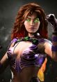 Starfire from Injustice 2, showcasing her vibrant costume and glowing green eyes, ready for battle.