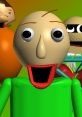 Close-up of Baldi character from "Baldi's Basics - You're Mine," showcasing a vibrant green outfit and exaggerated facial features.