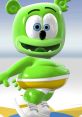 Cheerful green gummy bear character dancing joyfully, representing "The Gummy Bear Song Singing" in vibrant animation.