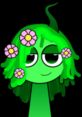 Green animated character with flower accents, embodying a playful nature-themed vibe related to Sharon Washington and Lscn Vineria.