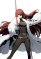 Mitsuru Kirijo in a sleek black outfit and fur coat, wielding a sword, showcases her powerful presence in P4A.