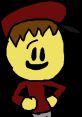 Cheerful cartoon character with yellow face, brown hair, and red outfit, showcasing a fun and playful vibe.