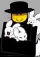 Mafioso character from Roblox Forsaken-Dream, holding playful Frozen Soul bunnies in a whimsical pose.