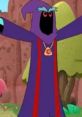 Purple-robed character with striking red eyes and a heart-shaped pendant, showcasing a mystical presence in a vibrant landscape.