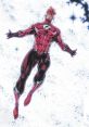 Heroic figure in a red superhero costume, showcasing strength and agility against a cosmic background.