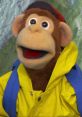 Cheerful monkey puppet in a yellow raincoat and blue backpack, ready for fun adventures in "Monkey (Milkshake!).