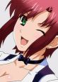 Cheerful character Rio Rollins Tachibana, winking with pink hair and green eyes, in a stylish outfit with a bow tie.