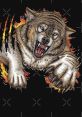Ferocious wolf bursting through a wall, fierce expression, sharp claws, surrounded by flames and dark background. Ripping cont art.