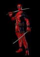 Deadpool stands heroically, brandishing swords, showcasing his iconic red and black costume in a dynamic pose.