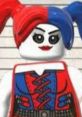 Harley Quinn Lego figure with vibrant red and blue hair, showcasing her iconic costume from the Lego DC Supervillains series.