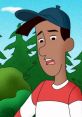 Bill Nenniger, a character from Curious George, looks concerned in a colorful forest setting.