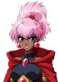 Caldina from Magic Knight Rayearth, showcasing pink hair, gem accessories, and a striking black and red outfit.