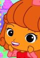 Cheerful character from Caramelochocolix, excited with a big smile, surrounded by colorful candy and whimsical scenery.