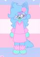 Cute anthropomorphic character with vibrant blue hair, pink accessories, and a pastel outfit against a colorful background.