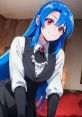 Minami Nanami V2 with blue hair and red eyes, wearing a stylish black and white outfit, smiles warmly in a cozy setting.