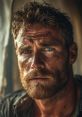 Intense close-up of a rugged man with blue eyes and a beard, conveying emotion and strength in a natural setting.