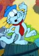 Feline Philosopher Cat striking a thoughtful pose atop a barrel, wearing a blue hat and red scarf in a vibrant setting.