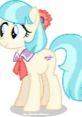 Coco Pommel, a charming pony with blue hair and a pink bow, known for her fashion design talents in Equestria.
