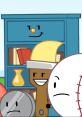 Bookcasey smiles while surrounded by quirky characters from Inanimate Insanity, showcasing fun interactions and personalities.