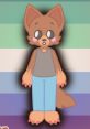 Stylized anthropomorphic character with cute features, wearing a gray shirt and blue pants, set against a colorful background.