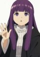 Anime character with long purple hair and purple eyes, wearing a black and white outfit, expressing surprise with an open hand.