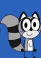 Cute gray raccoon character with large eyes, smiling against a blue background, inspired by "Mushy-Mush-Otto.