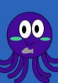 Purple cartoon octopus character with a fish, colorful and playful design, inspired by Tj from Mushy-Mush-Otto.