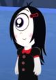 Iris from Ruby Gloom, a cute character with one big eye, wears a black dress with red accents and a matching bow.