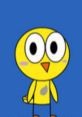 Cheerful yellow character Dewey from Mushy-Mush, featuring big eyes and a playful expression against a bright blue background.