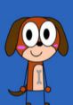 Cute cartoon character Rowdy from Mushy-Mush-Otto, featuring a playful dog design on a vibrant blue background.