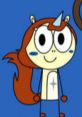 Colorful character of Terri from Mushy-Mush, featuring a unicorn horn and adorable expression on a vibrant blue background.