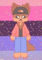 Colorful animated character featuring a furry design, wearing a cap, casual outfit, and set against a vibrant glittery background.