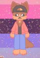 Stylish anthropomorphic character with a cap and casual outfit, vibrant backdrop featuring pastel colors and glitter.
