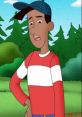 Bill Nenniger from Curious George, wearing a red and white striped shirt, looking concerned in a forest setting.